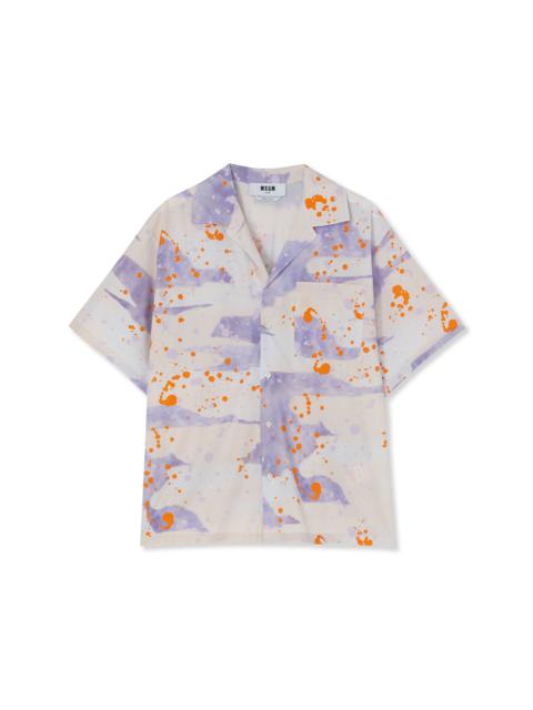 Poplin bowling shirt with "dripping camo" print