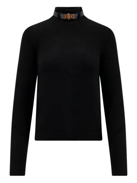 ribbed leather-trimmed turtleneck sweater