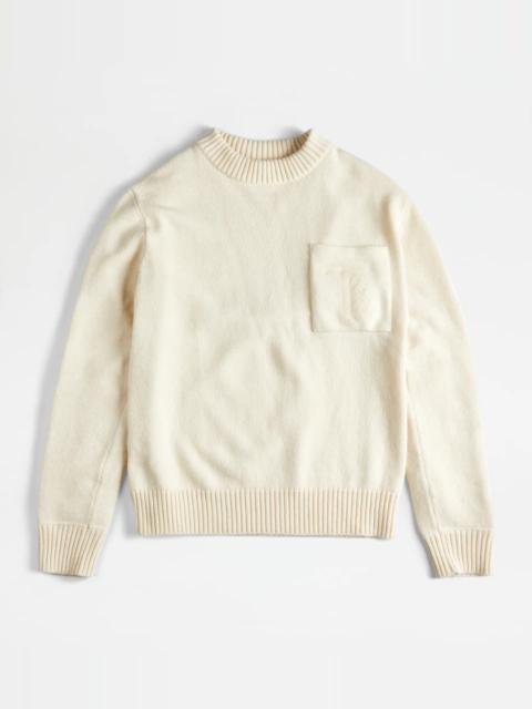 Tod's TOD'S ROUND NECK JUMPER WITH QUILTED PATCHES - WHITE