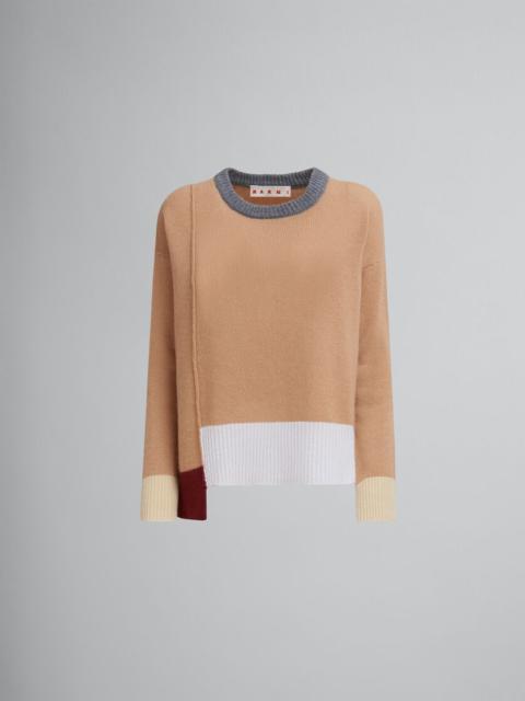 BROWN COLOUR-BLOCK CASHMERE JUMPER