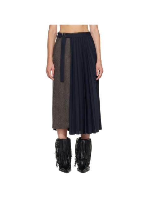 sacai Taupe & Navy Herringbone x Suiting Midi Skirt