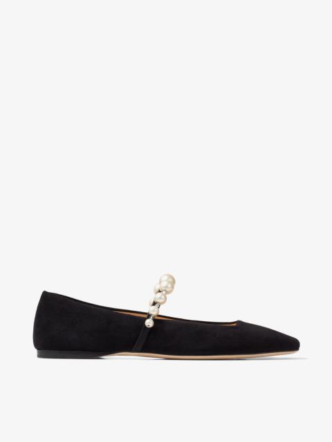 JIMMY CHOO Ade Flat
Black Suede Flats with Pearl Embellishment