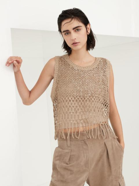 Brunello Cucinelli Dazzling dégradé embroidery top in silk and linen