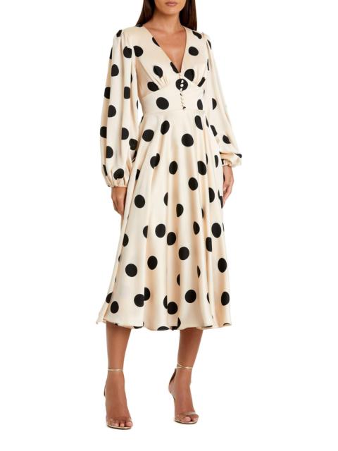 MAC DUGGAL Women's Ieena 2 Polka Dot Satin V-Neck Midi-Dress - Cream Black
