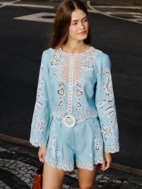 FARM RIO Light Blue Romantic Richelieu Euroflax Premium Linen Shorts