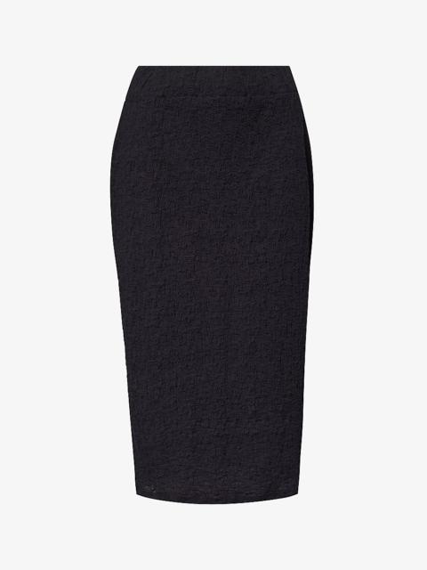 Crinkled high-rise stretch-cotton blend midi skirt