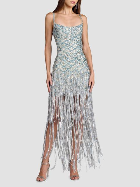 MAC DUGGAL Women's Sequined Fringe Mesh Gown - Beige Silver