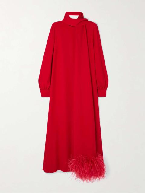 Valentino Tie-neck feather-trimmed silk-crepe gown Red
