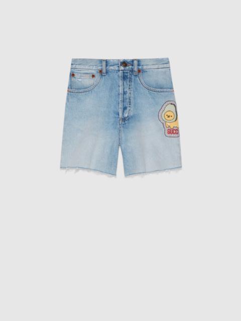 GUCCI Denim short with animal embroidery
