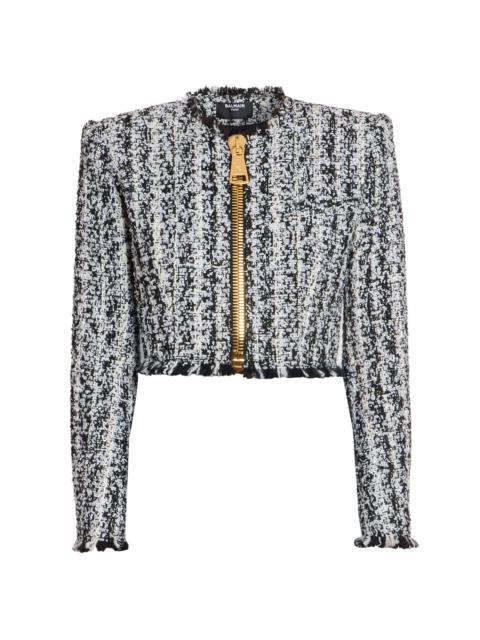 Balmain Women's Tweed Zip Crop Jacket - Noir Blanc