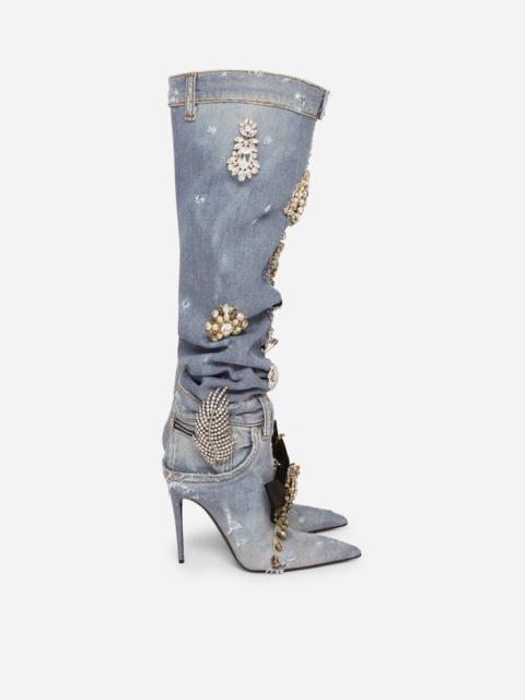 Patchwork denim boots with embroidery