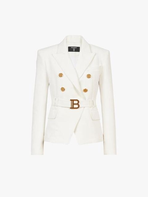 Double-breasted white cotton blazer with Balmain buckle