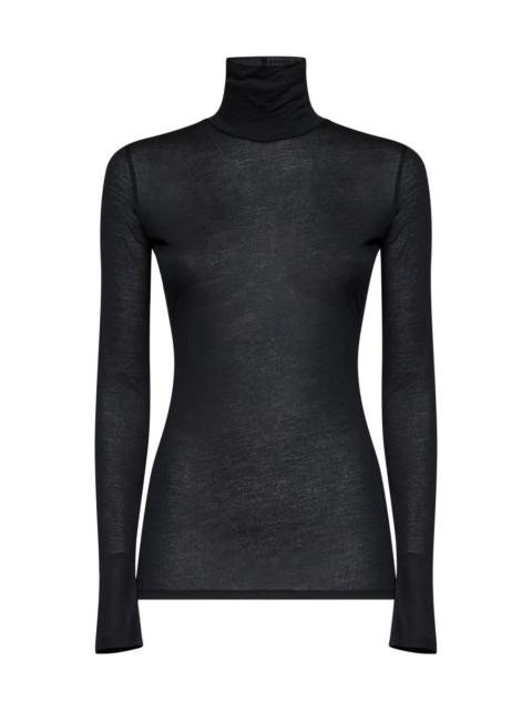 MUGLER Black sheer modal and silk jersey turtleneck top