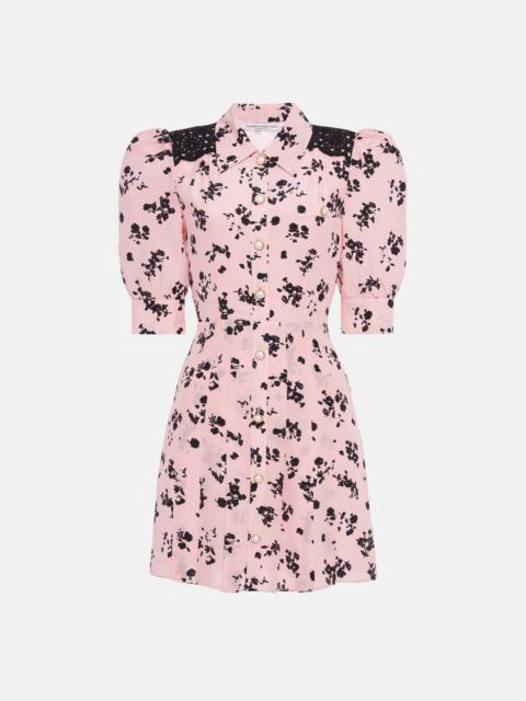 Alessandra Rich ROSE PRINT SILK PLEATED MINI DRESS WITH BUTTONS