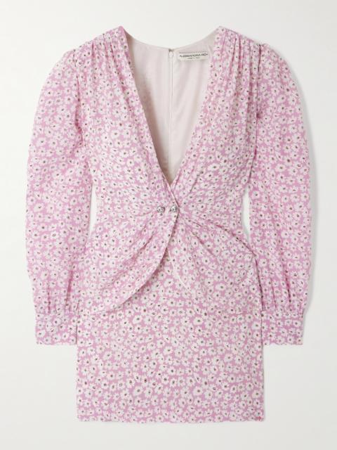 Alessandra Rich Wrap-effect Embellished Pleated Floral-print Silk Crepe De Chine Mini Dress
