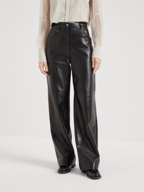 Smooth nappa leather wide five-pocket trousers with shiny tab