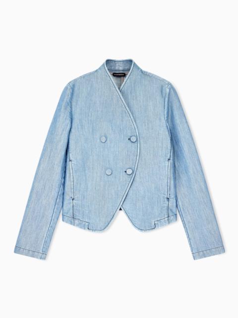 EMPORIO ARMANI BLAZER IN METAL-LOOK DENIM WITH DOUBLE-BREASTED WRAP FRONT