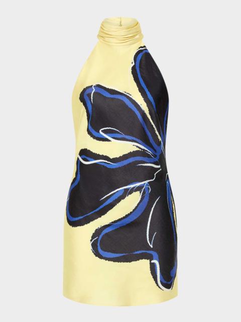 REBECCA VALLANCE Indigo Bloom Open-Back Halter Mini Dress