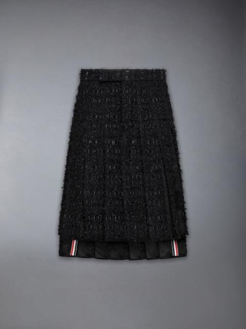 SATIN RIBBON TWEED FRAYED PLEATED SKIRT