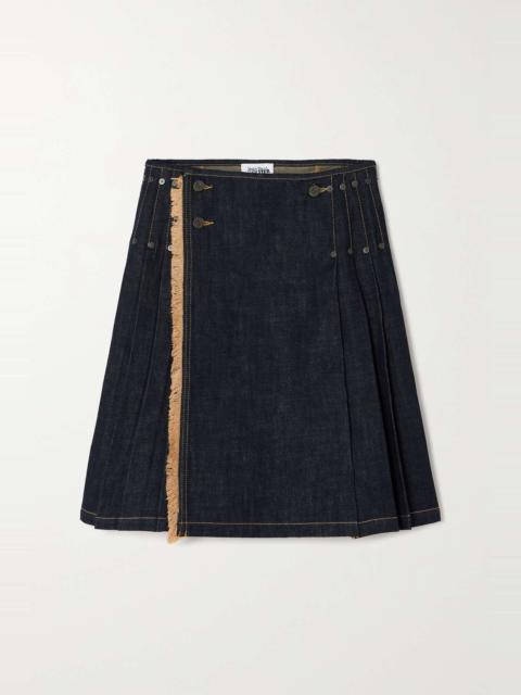 Frayed pleated denim wrap skirt