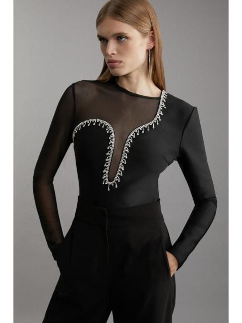 KAREN MILLEN Figure Form Bandage Mesh Detail Embellished Knit Top