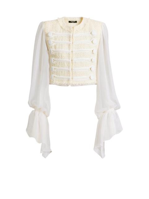 Balmain Cropped tweed and muslin jacket with frogging