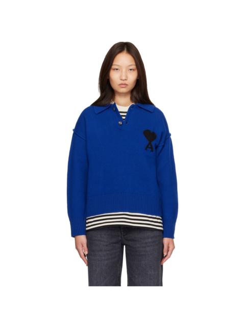 AMI Paris Blue Wool Ami de Coeur Polo