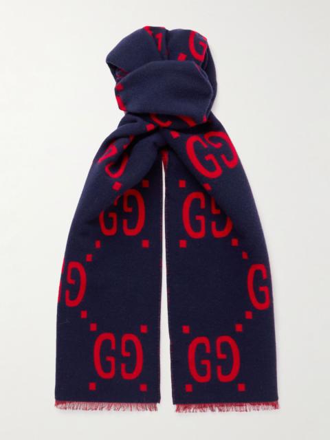 Logo-Jacquard Wool and Silk-Blend Scarf Storm blue