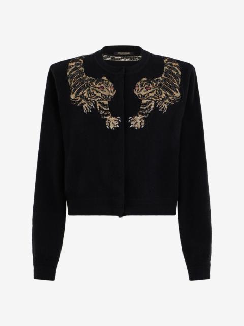 Wool Cardigan with Tiger Embroidery