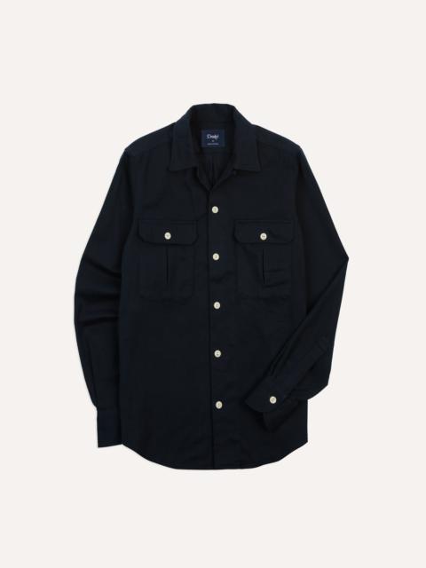 Drake's Navy Brushed Cotton Twill Two-Pocket Camp Collar Work Shirt