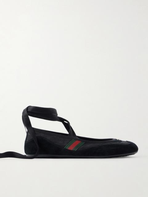 GUCCI Embellished Webbing-trimmed Canvas And Suede Ballet Flats