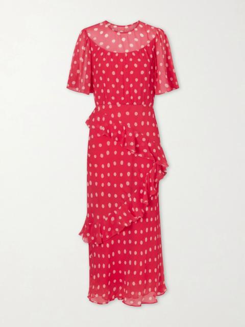 SALONI Vida E ruffled polka-dot silk-blend crepon midi dress Pink
