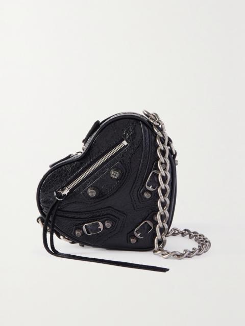 BALENCIAGA Le Cagole Heart Mini Studded Crinkled-leather Shoulder Bag