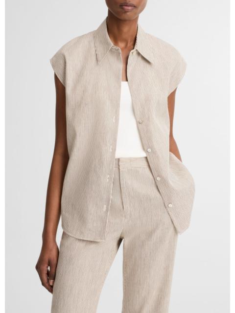 Vince Ticking Stripe Linen-Cotton Cap-Sleeve Blouse