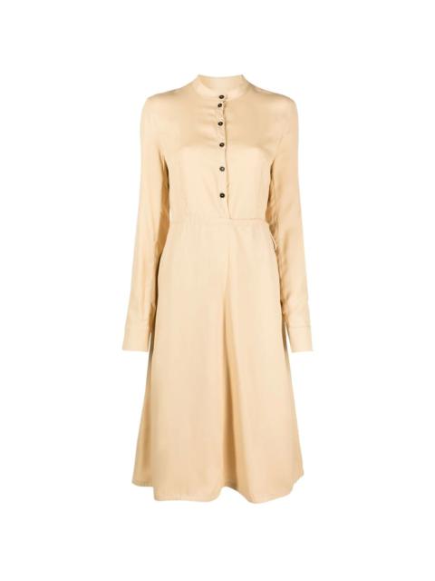 collarless long-sleeve midi dress