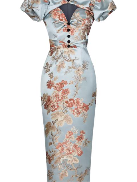 RASARIO PUFF SLEEVE FLORAL JACQUARD MIDI