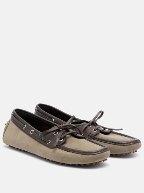 Brunello Cucinelli Monili leather-trimmed suede boat shoes
