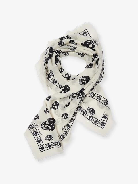 Skull-Print Fringed Wool Scarf