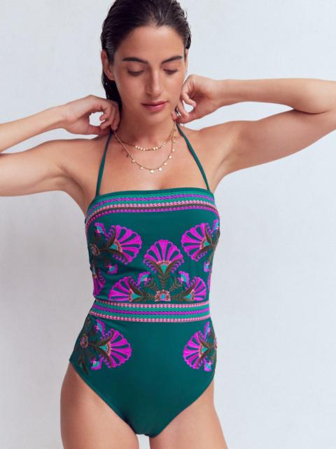 BODEN Paros Bandeau Swimsuit-Blue, Embroidery