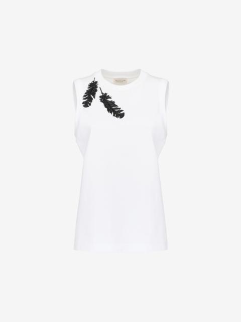 Women's Feather Embroidery Tank Top in Optical White