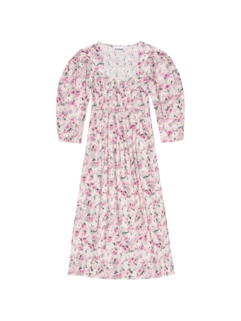 floral-print puff-sleeves midi dress