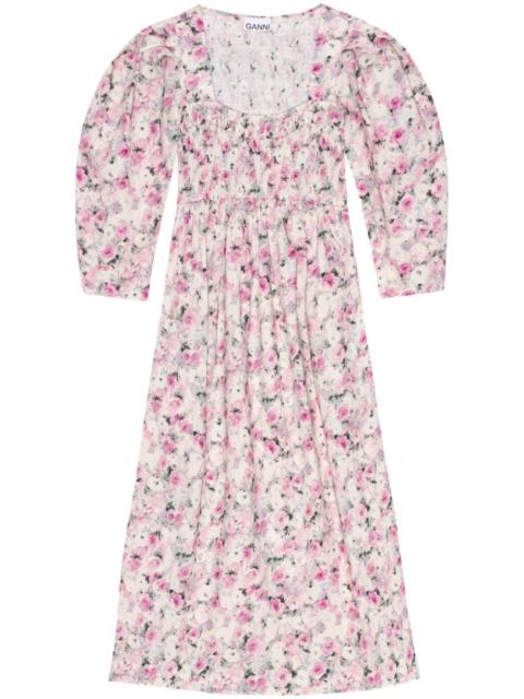 floral-print puff-sleeves midi dress