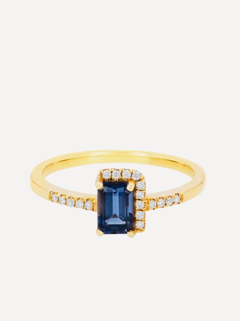 SUZANNE KALAN 14ct Gold Ann Emerald Cut English Blue Topaz and Pave Diamond Halo Ring