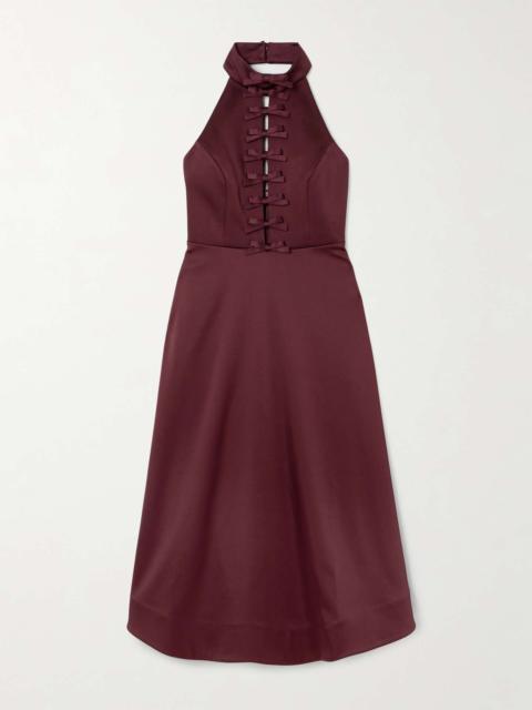 REBECCA VALLANCE Cutout bow-detailed duchesse-satin halterneck midi dress Burgundy