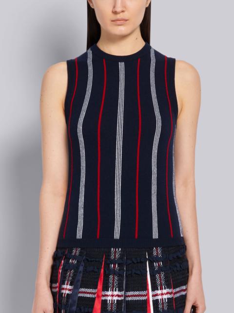 Thom Browne Navy Cashmere Silk Hairline Stripe Crewneck Shell Knit Top