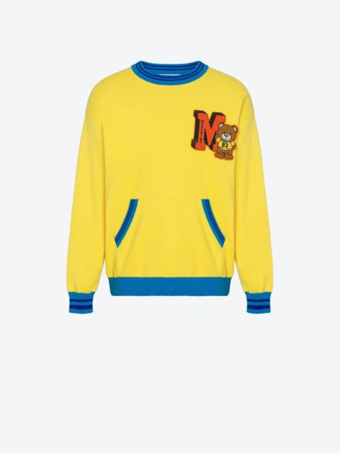 Moschino REGENERATED CASHMERE AND COTTON VARSITY TEDDY BEAR SWEATER