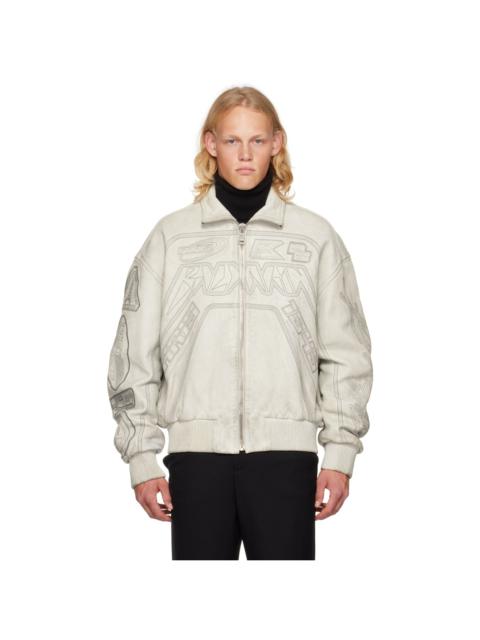 Balmain Off-White Embroidered Leather Bomber Jacket