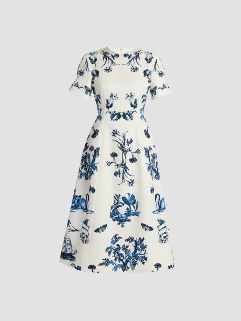 Erdem FLORAL COTTON FAILLE SHORT SLEEVE MIDI DRESS