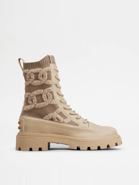 Tod's KATE COMBAT BOOTS IN FABRIC AND LEATHER - BEIGE
