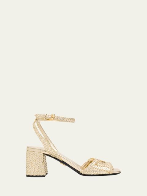 Prada 65mm Madras Woven Metallic Leather Ankle-Strap Sandals